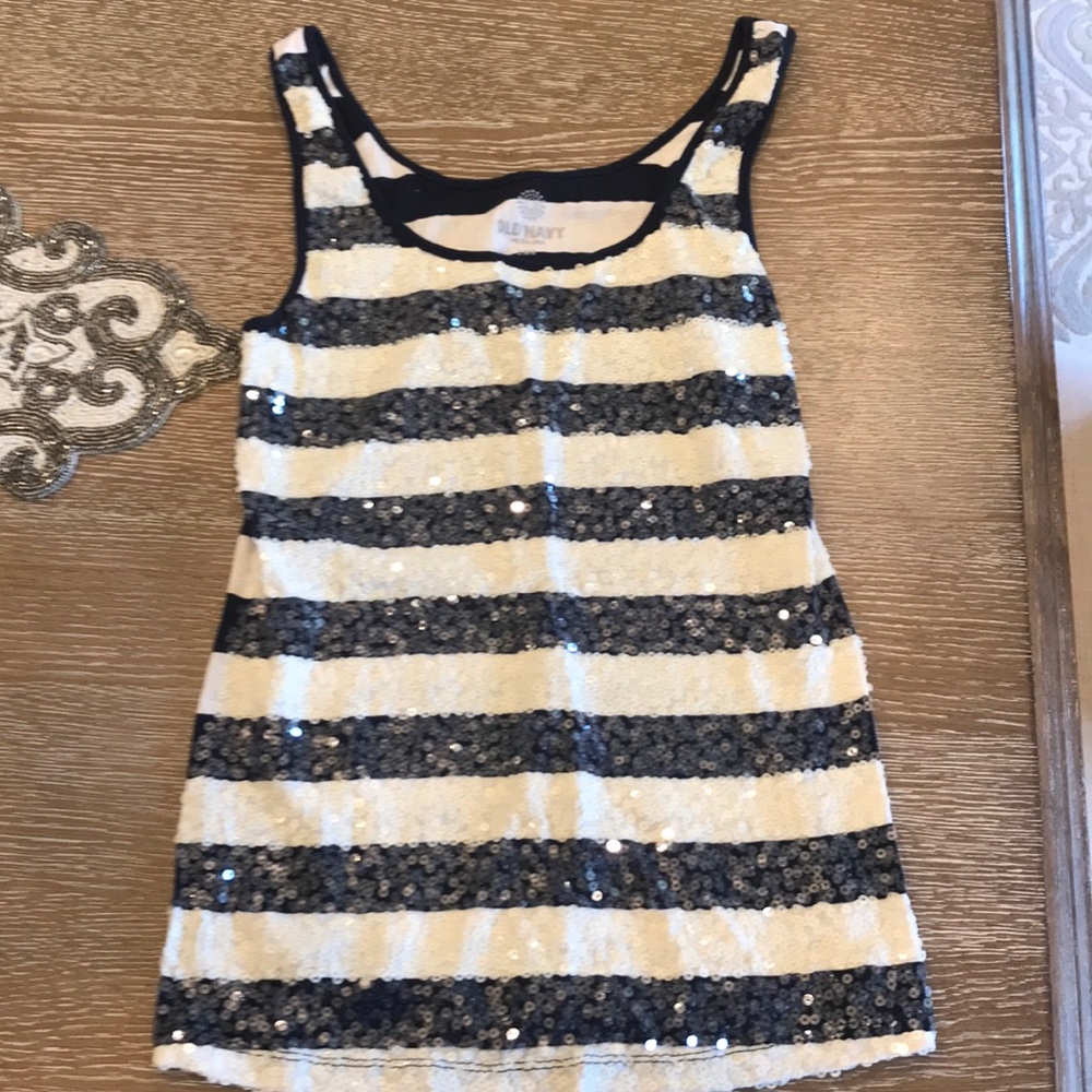 EUC blue and white striped shimmer disc tank